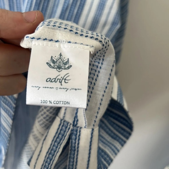 ADRIFT Size 2XL Blue and White V Neck 100% Cotton Boho Kaftan Blouse Top - Picture 4 of 8